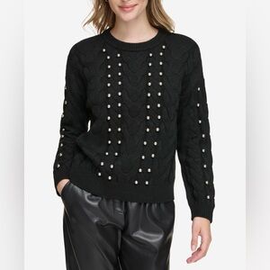 Calvin Klein Women's Metal Stud Cable-Knit Sweater Long Sleeve Black NWT Large